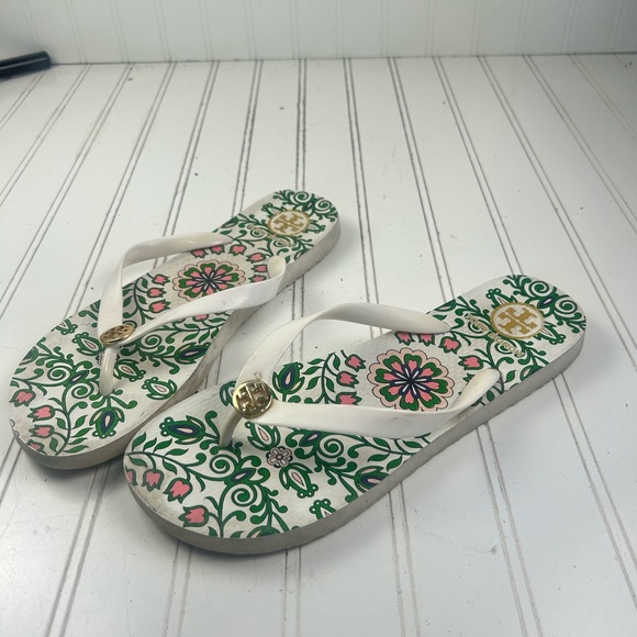 Tory Burch Green Pink Floral Pattern Garden Party flip flops Women’s Size 11-12 - Picture 6 of 8
